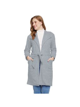 BRINNS - Women Solid Longline Grey Overcoat with Belt