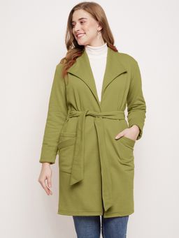 BRINNS - Women Solid Longline Olive Overcoat with Belt