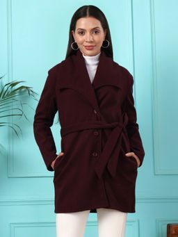 BRINNS - Women Shawl Collar Tie Ups Winter Burgundy Overcoat with Belt
