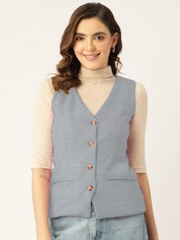 BRINNS - Women Solid V-Neck Grey Waistcoat