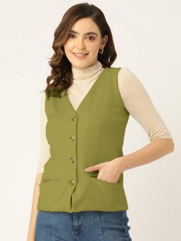 BRINNS - Women Solid V-Neck Olive Waistcoat