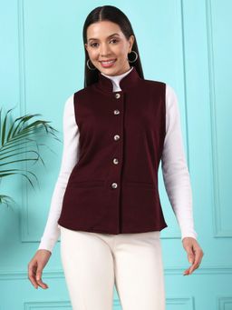 BRINNS - Women Fleece Solid Burgundy Waistcoat