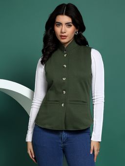 BRINNS - Women Fleece Solid Green Waistcoat