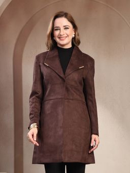 Juelle - Winter Wear Solid Lapel Collar Longline Brown Coat