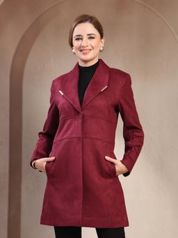 Juelle - Winter Wear Solid Lapel Collar Longline Wine Coat