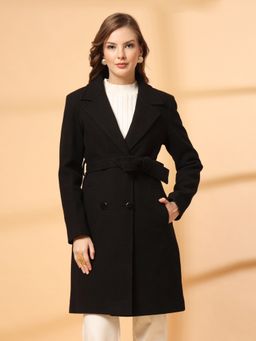 Juelle - Winter Wear Solid Lapel Collar Longline Black Coat with Belt