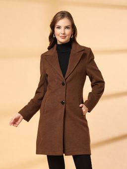 Juelle - Winter Wear Solid Lapel Collar Longline Brown Coat