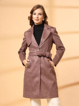 Juelle - Winter Wear Solid Lapel Collar Longline Mauve Coat with Belt