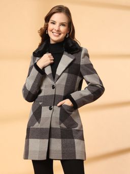 Juelle - Winter Wear Checks Lapel Collar Longline Grey Coat