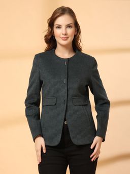 Juelle - Winter Wear Stripe Round Neck Regular Dark Green Coat