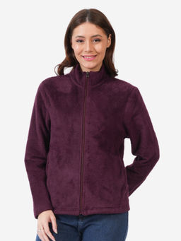 Bonjour - Women Solid Zipper High Neck Wine Jacket
