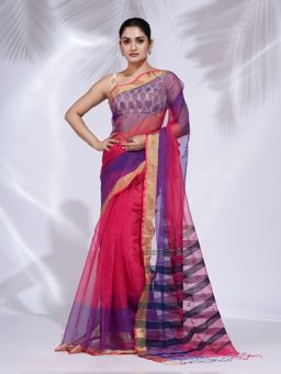 CHARUKRITI - Pink & Purple Blended Cotton Handwoven Saree with Zari Border with Unstitched Blouse