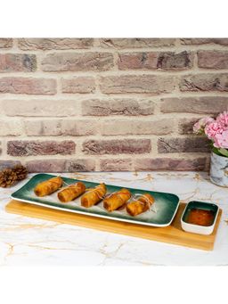 EZ Life - Longue Pleateau Aperitif Rectangle Sushi Plate 1 Plate 1 Bowl on Wooden Tray Green & White