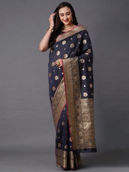 Akhilam - Navy Blue Festive Silk Blend Woven Design Saree with Unstitched