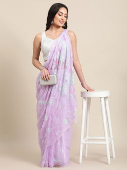 La Vastraa - Pearl Hand Painted Lavender Chiffon Saree with Unstitched Blouse