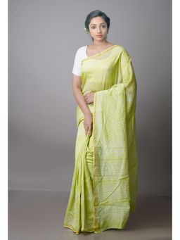 Unnati Silks - Light Green Pure Block Printed Chanderi Sico Saree with Unstitched Blouse