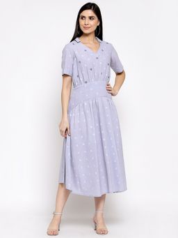DART STUDIO - Cotton Polka Dot Dress With Hand Embroidery -Blue