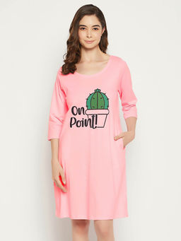 Clovia - Cactus Print Short Night Dress In Baby Pink - 100 Percent Cotton