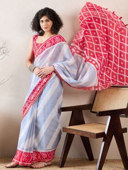 Vaamsi - Women Blue Linen Ikat Printed Saree with Unstitched Blouse