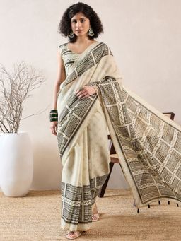 Vaamsi - Women Off White Linen Printed Saree with Unstitched Blouse