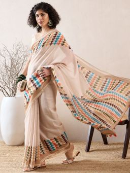 Vaamsi - Women Off White Linen Geometric Printed Saree with Unstitched Blouse