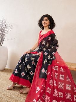 Vaamsi - Women Black Linen Geometric Printed Saree with Unstitched Blouse
