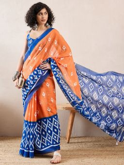 Vaamsi - Women Orange Linen Ikat Printed Saree with Unstitched Blouse