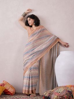 Vaamsi - Women Off White Linen Ikat Printed Saree with Unstitched Blouse