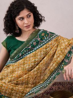 Vaamsi - Women Yellow Linen Patola Printed Saree with Unstitched Blouse