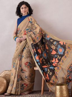 Vaamsi - Women Beige Linen Floral Printed Saree with Unstitched Blouse
