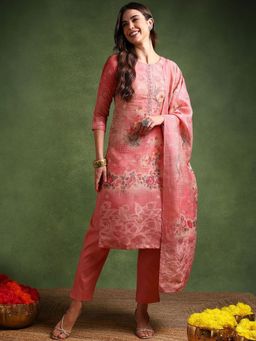Vaamsi - Women Pink Linen Blend Woven Design Straight Kurta Pant with Dupatta (Set of 3)