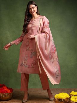 Vaamsi - Women Pink Linen Blend Woven Design Straight Kurta Pant with Dupatta (Set of 3)