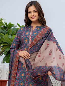 Vaamsi - Women Blue Poly Rayon Floral Straight Kurta and Pant with Dupatta (Set of 3)