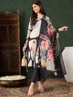 Vaamsi - Women Black Silk Blend Floral Straight Kurta and Pant with Dupatta (Set of 3)