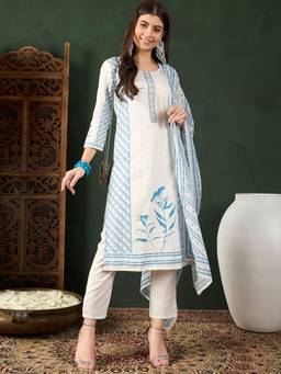 Vaamsi - Women Off White Silk Blend Straight Kurta and Pant with Dupatta (Set of 3)