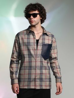 Campus Sutra - Men Khaki Plaid-Block Oversized Shirt