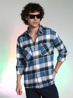 Campus Sutra - Men Ocean Blue Tartan Utility Shirt