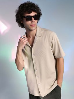 Campus Sutra - Men Sand Beige Rope-Ribbed Shirt