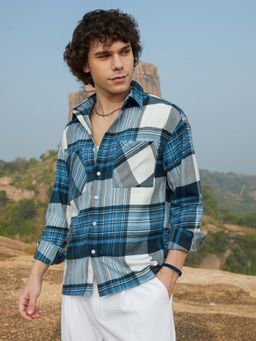 Campus Sutra - Men Azure Blue Plaid Utility Oversized Shirt
