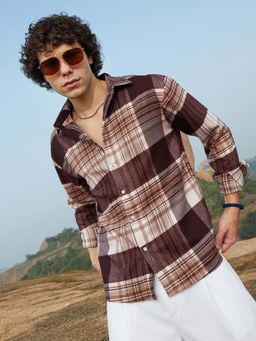 Campus Sutra - Men Mocha Brown Plaid Oversized Shirt