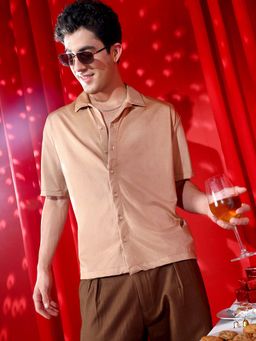 Campus Sutra - Men Sand Beige Satin Oversized Shirt