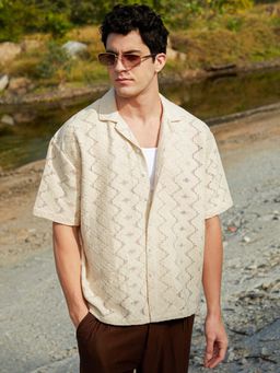 Campus Sutra - Men Beige Zig-Trail Cuban Oversized Shirt