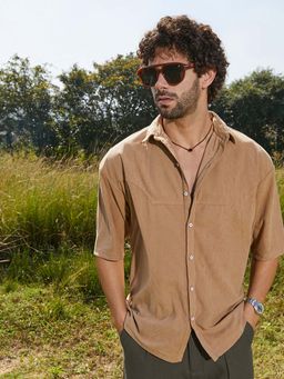 Campus Sutra - Men Khaki Corduroy Oversized Shirt