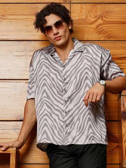 Campus Sutra - Men Charcoal Grey Zebra Satin Oversized Shirt