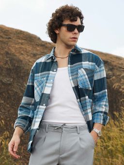 Campus Sutra - Men Prussian Blue Tartan Utility Shirt