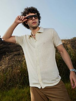 Campus Sutra - Men Off White Rhombus-Knit Polo Shirt