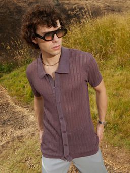 Campus Sutra - Men Mocha Brown Stripe-Knit Polo Shirt