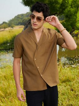 Campus Sutra - Men Camel Brown Asymmetrical Cuban Shirt