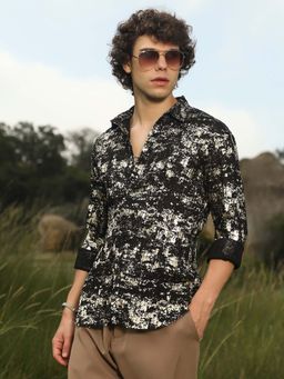 Campus Sutra - Men California Obsidian Black Textured Foil Shirt
