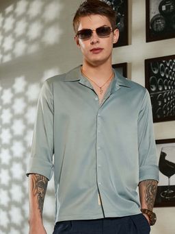 Campus Sutra - Men Sage Green Solid Cuban Shirt